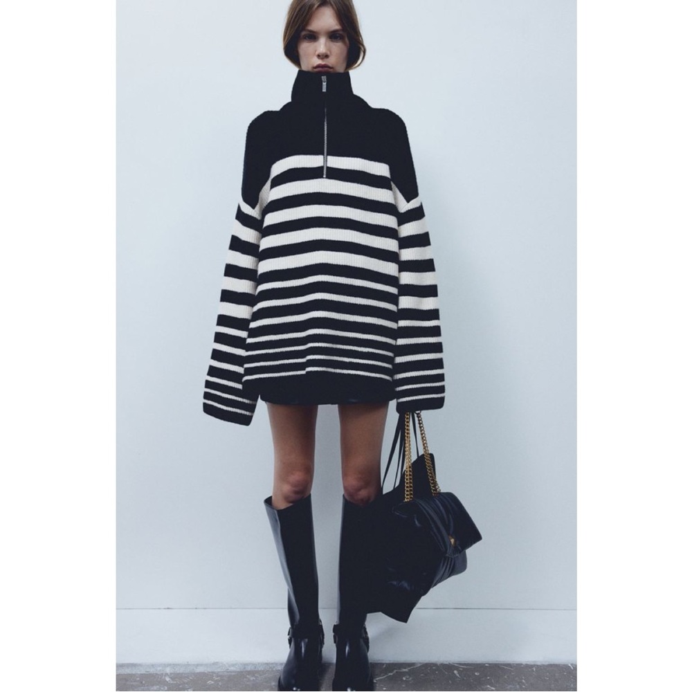 Black/Cream Striped Rib Knit Half Zip Sweater - Picture 7 of 9